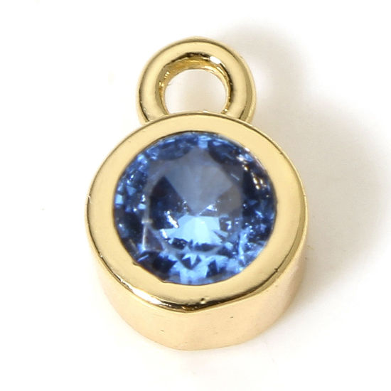 Immagine di 2 Pz Ecologico Ottone Pietre Nascita Charms Tondo 18K Vero Oro Placcato Marzo Blu Cubic Zirconiae 8mm x 5.5mm