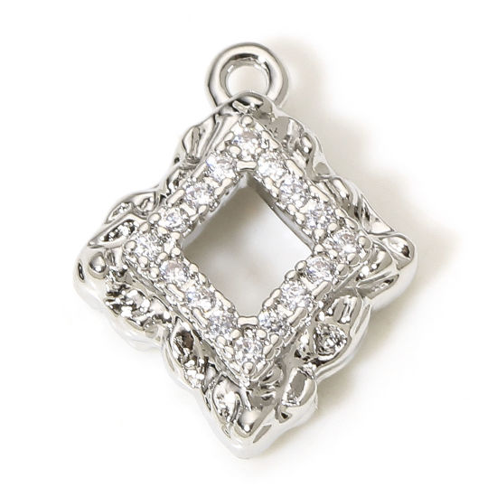 Picture of 1 Piece Brass Micro Pave Charms Real Platinum Plated Rhombus Clear Cubic Zirconia 14.5mm x 11.5mm