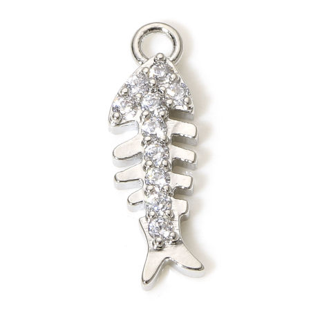 Image de 1 Pièce Breloques Bijoux d'Océan en Laiton Os de Poisson Plaqué Platine Véritable Micro Pave à Zircone Cubique Clair 15mm x 5mm