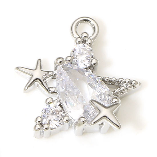 Picture of 1 Piece Brass Galaxy Charms Real Platinum Plated Pentagram Star Clear Cubic Zirconia 11mm x 10.5mm