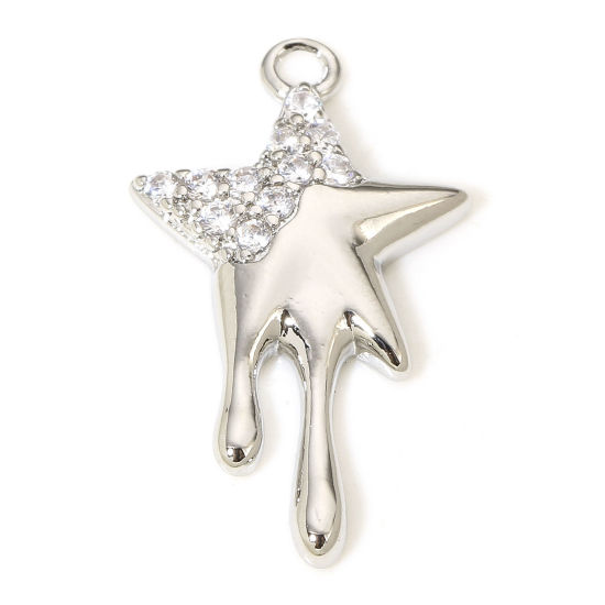 Picture of 1 Piece Brass Galaxy Charms Real Platinum Plated Pentagram Star Drop Micro Pave Clear Cubic Zirconia 20mm x 12mm