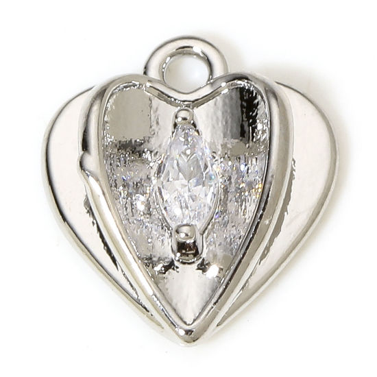 Picture of 1 Piece Brass Valentine's Day Charms Real Platinum Plated Heart Clear Cubic Zirconia 11mm x 10mm