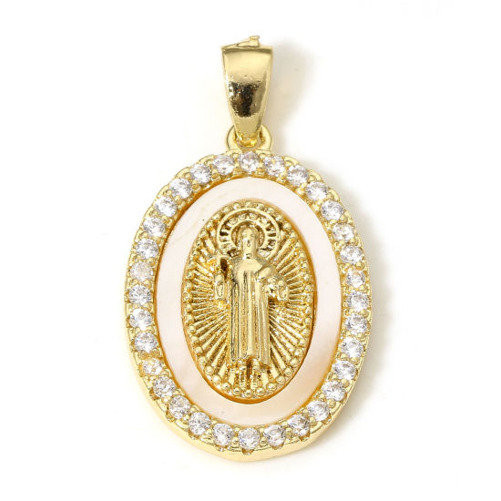 Picture of 1 Piece Eco-friendly Shell & Brass Religious Charms 18K Real Gold Plated Oval Jesus Micro Pave Clear Cubic Zirconia 26mm x 14.5mm