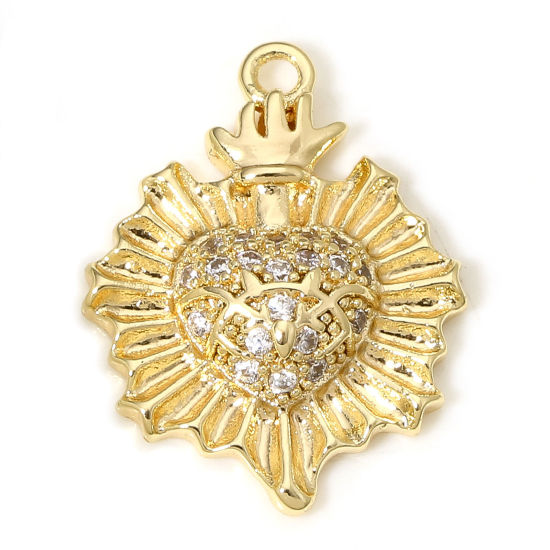 Image de 1 Pièce Breloques Religieux en Laiton Respectueux de la Nature Coeur de Ex-Voto Plaqué Or Véritable 18K Cœur Micro Pave à Zircone Cubique Clair 19mm x 15mm