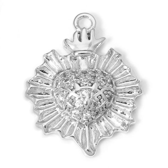 Image de 1 Pièce Breloques Religieux en Laiton Respectueux de la Nature Coeur de Ex-Voto Plaqué Platine Véritable Cœur Micro Pave à Zircone Cubique Clair 19mm x 15mm