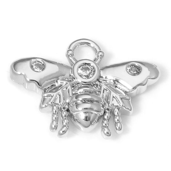 Image de 2 Pcs Breloques Insecte en Laiton Respectueux de la Nature Abeille Plaqué Platine Véritable à Zircone Cubique Clair 12.5mm x 9.5mm