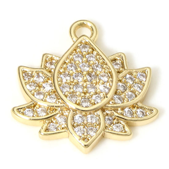 Picture of 1 Piece Eco-friendly Brass Religious Charms 18K Real Gold Plated Lotus Flower Micro Pave Clear Cubic Zirconia 13mm x 13mm