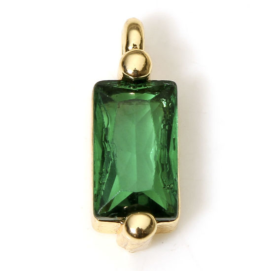 Imagen de 5 Unidades Respetuoso del Medio Ambiente Latón Geométrico Colgantes Charms Rectángulo 18K Oro Real Chapado Verde Circón Artificial 8.5mm x 3mm