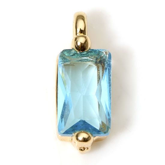 Imagen de 5 Unidades Respetuoso del Medio Ambiente Latón Geométrico Colgantes Charms Rectángulo 18K Oro Real Chapado Azul Circón Artificial 8.5mm x 3mm