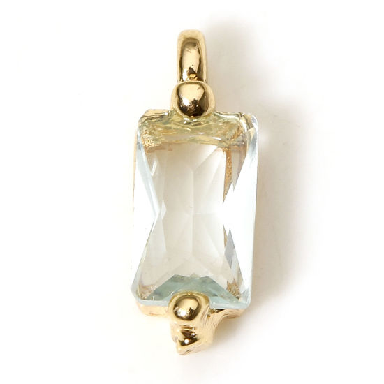 Imagen de 5 Unidades Respetuoso del Medio Ambiente Latón Geométrico Colgantes Charms Rectángulo 18K Oro Real Chapado Azul Claro Circón Artificial 8.5mm x 3mm