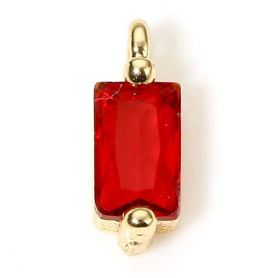 Imagen de 5 Unidades Respetuoso del Medio Ambiente Latón Geométrico Colgantes Charms Rectángulo 18K Oro Real Chapado Rojo Circón Artificial 8.5mm x 3mm