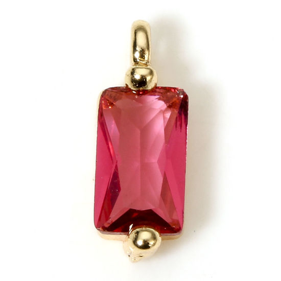 Imagen de 5 Unidades Respetuoso del Medio Ambiente Latón Geométrico Colgantes Charms Rectángulo 18K Oro Real Chapado Rojo Ciruela Circón Artificial 8.5mm x 3mm