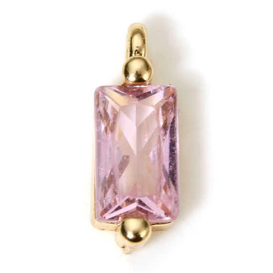 Imagen de 5 Unidades Respetuoso del Medio Ambiente Latón Geométrico Colgantes Charms Rectángulo 18K Oro Real Chapado Rosado Circón Artificial 8.5mm x 3mm