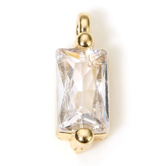 Imagen de 5 Unidades Respetuoso del Medio Ambiente Latón Geométrico Colgantes Charms Rectángulo 18K Oro Real Chapado Claro Circón Artificial 8.5mm x 3mm