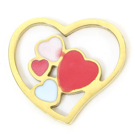 Immagine di 1 Pz Placcatura Sottovuoto PVD Ecologica 304 Acciaio Inossidabile San Valentino Ciondoli Cuore 18K Vero Oro Placcato Multicolore Smalto 16mm x 14.5mm