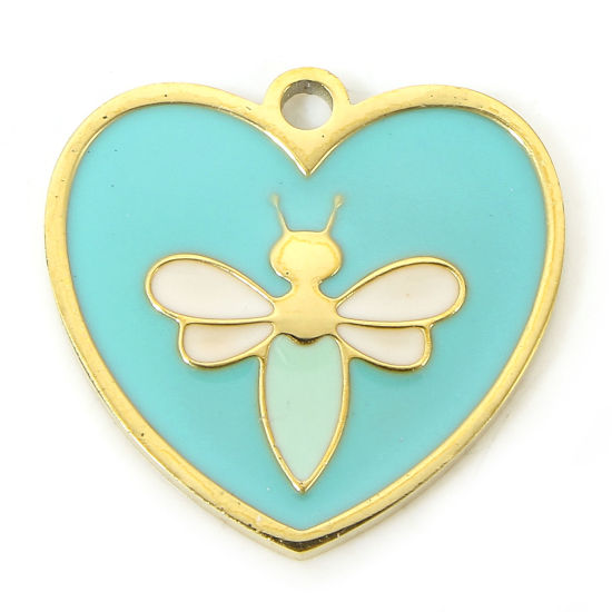 Immagine di 1 Pz Placcatura Sottovuoto PVD Ecologica 304 Acciaio Inossidabile Insetto Ciondoli Cuore 18K Vero Oro Placcato Blu Ape Smalto 15mm x 14.5mm