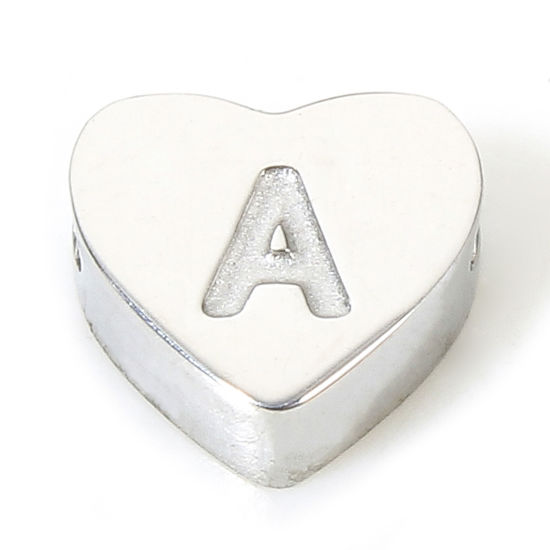 Picture of 1 Piece Eco-friendly 304 Stainless Steel Valentine's Day Beads For DIY Charm Jewelry Making Heart Silver Tone Initial Alphabet/ Capital Letter Message " A " 7mm x 6mm, Hole: Approx 1.1mm
