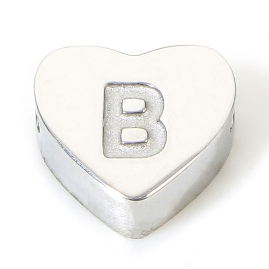 Picture of 1 Piece Eco-friendly 304 Stainless Steel Valentine's Day Beads For DIY Charm Jewelry Making Heart Silver Tone Initial Alphabet/ Capital Letter Message " B " 7mm x 6mm, Hole: Approx 1.1mm