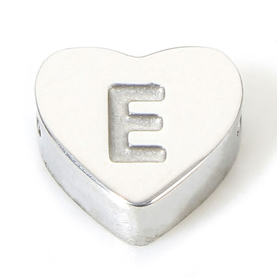 Picture of 1 Piece Eco-friendly 304 Stainless Steel Valentine's Day Beads For DIY Charm Jewelry Making Heart Silver Tone Initial Alphabet/ Capital Letter Message " E " 7mm x 6mm, Hole: Approx 1.1mm