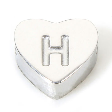 Picture of 1 Piece Eco-friendly 304 Stainless Steel Valentine's Day Beads For DIY Jewelry Making Heart Silver Tone Initial Alphabet/ Capital Letter Message " H " 7mm x 6mm, Hole: Approx 1.1mm