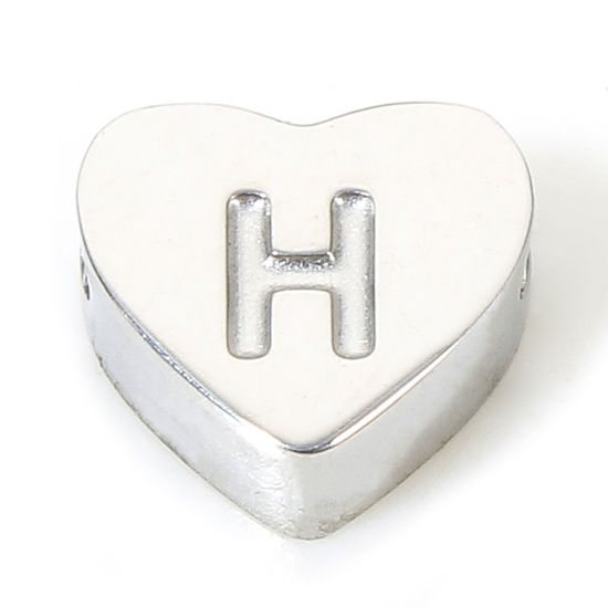 Picture of 1 Piece Eco-friendly 304 Stainless Steel Valentine's Day Beads For DIY Charm Jewelry Making Heart Silver Tone Initial Alphabet/ Capital Letter Message " H " 7mm x 6mm, Hole: Approx 1.1mm