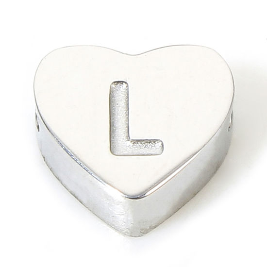 Picture of 1 Piece Eco-friendly 304 Stainless Steel Valentine's Day Beads For DIY Charm Jewelry Making Heart Silver Tone Initial Alphabet/ Capital Letter Message " L " 7mm x 6mm, Hole: Approx 1.1mm