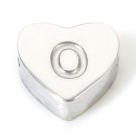 Picture of 1 Piece Eco-friendly 304 Stainless Steel Valentine's Day Beads For DIY Charm Jewelry Making Heart Silver Tone Initial Alphabet/ Capital Letter Message " O " 7mm x 6mm, Hole: Approx 1.1mm