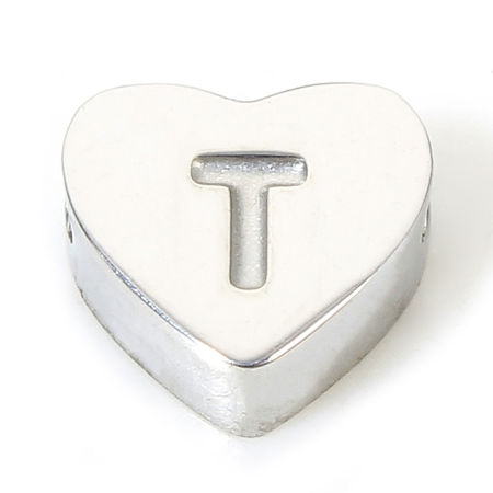 Picture of 1 Piece Eco-friendly 304 Stainless Steel Valentine's Day Beads For DIY Jewelry Making Heart Silver Tone Initial Alphabet/ Capital Letter Message " T " 7mm x 6mm, Hole: Approx 1.1mm