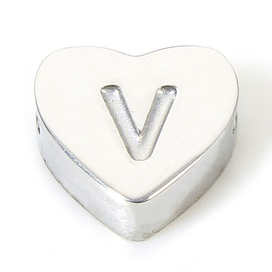 Picture of 1 Piece Eco-friendly 304 Stainless Steel Valentine's Day Beads For DIY Charm Jewelry Making Heart Silver Tone Initial Alphabet/ Capital Letter Message " V " 7mm x 6mm, Hole: Approx 1.1mm
