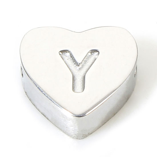 Picture of 1 Piece Eco-friendly 304 Stainless Steel Valentine's Day Beads For DIY Charm Jewelry Making Heart Silver Tone Initial Alphabet/ Capital Letter Message " Y " 7mm x 6mm, Hole: Approx 1.1mm