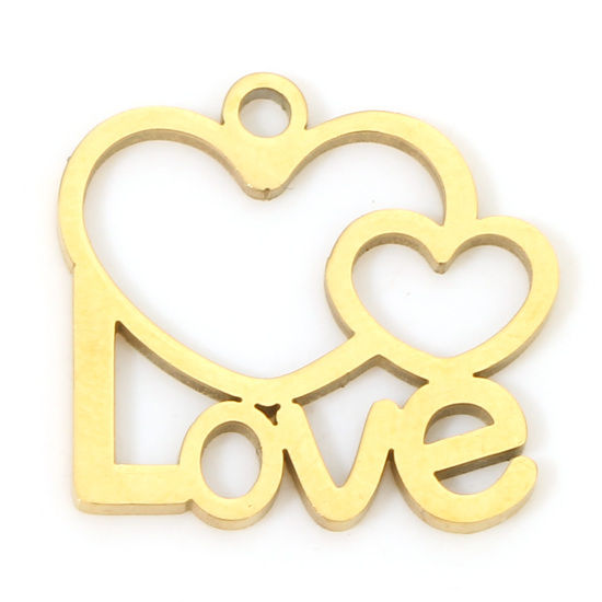 Image de 1 Piece Eco-friendly Vacuum Plating 304 Stainless Steel Simple Charms Gold Plated Heart Message " LOVE " Hollow 15mm x 14mm