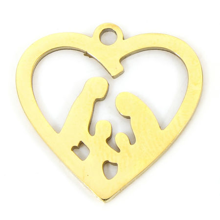 Picture of 1 Piece Eco-friendly PVD Vacuum Plating Waterproof Anti-Tarnish Hypoallergenic 304 Stainless Steel Mother's Day Charms 18K Real Gold Plated Heart Mother/ Mom Hollow 16mm x 16mm
