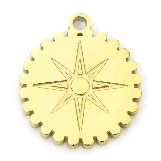 Bild von 1 Piece Eco-friendly Vacuum Plating 304 Stainless Steel Galaxy Charms Gold Plated Round Eight Pointed Star 14mm x 12mm