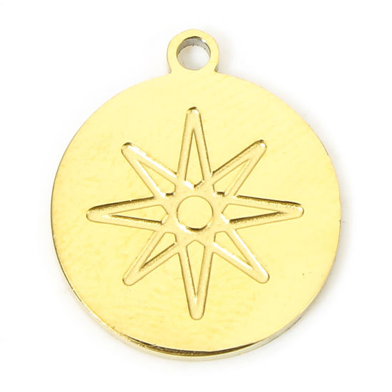 Picture of 1 Piece Eco-friendly Vacuum Plating 304 Stainless Steel Galaxy Charms Gold Plated Round Eight Pointed Star 16mm x 14mm