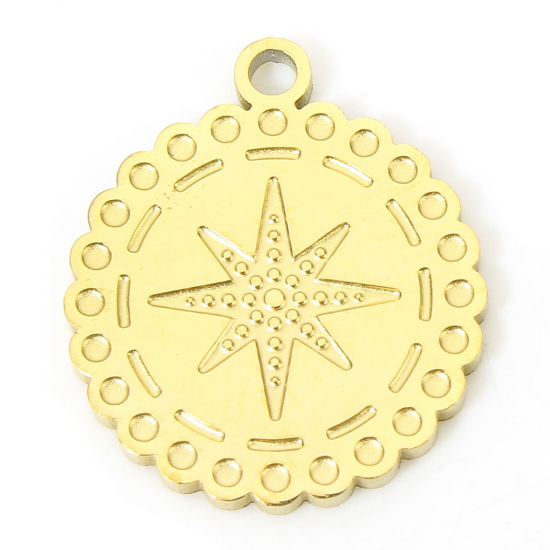 Image de 1 Piece Eco-friendly Vacuum Plating 304 Stainless Steel Galaxy Charms Gold Plated Round Eight Pointed Star 16mm x 14mm