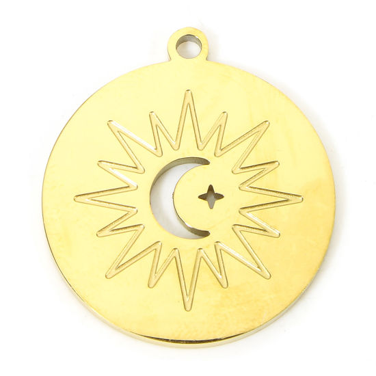 Picture of 1 Piece Eco-friendly Vacuum Plating 304 Stainless Steel Galaxy Charms Gold Plated Round Sun & Moon Hollow 24.5mm x 22mm