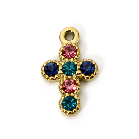 Image de 1 Pièce Breloques en 304 Acier Inoxydable Imperméable Anti-ternissement Hypoallergénique Placage sous Vide PVD Respectueux de l'Environnement Religieux Croix Plaqué Or Véritable 18K à Strass Coloré 16mm x 10mm