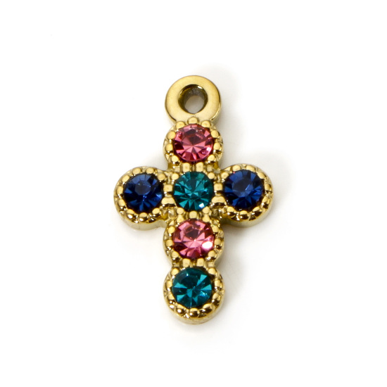 Image de 1 Pièce Breloques en 304 Acier Inoxydable Placage sous Vide PVD Respectueux de l'Environnement Religieux Croix Plaqué Or Véritable 18K à Strass Coloré 16mm x 10mm