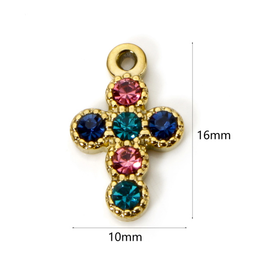 Image de 1 Pièce Breloques en 304 Acier Inoxydable Placage sous Vide PVD Respectueux de l'Environnement Religieux Croix Plaqué Or Véritable 18K à Strass Coloré 16mm x 10mm