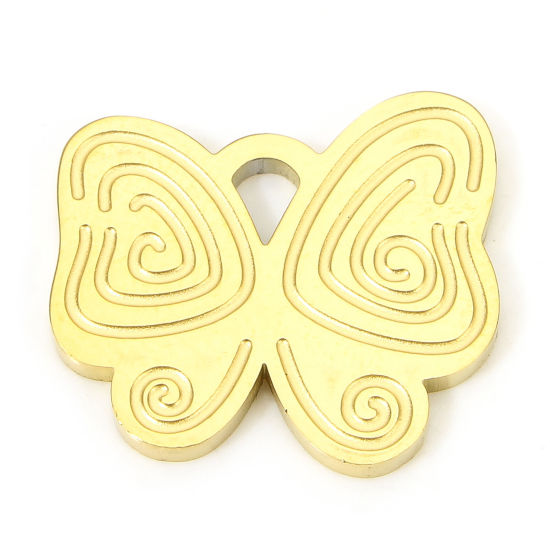 Picture of 1 Piece Eco-friendly Vacuum Plating 304 Stainless Steel Pastoral Style Charms Gold Plated Butterfly Animal Spiral 15mm x 13mm