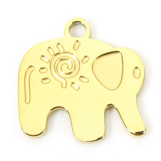 Picture of 1 Piece Eco-friendly Vacuum Plating 304 Stainless Steel Pastoral Style Charms Gold Plated Elephant Animal Spiral 15mm x 15mm