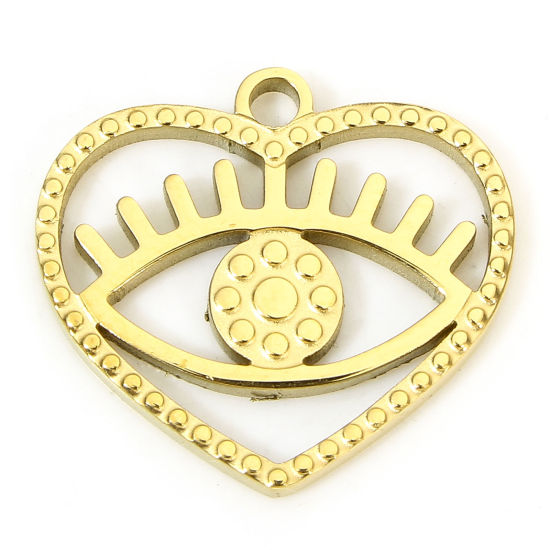 Picture of 1 Piece Eco-friendly Vacuum Plating 304 Stainless Steel Pastoral Style Charms Gold Plated Heart Eye Hollow 15mm x 13.5mm