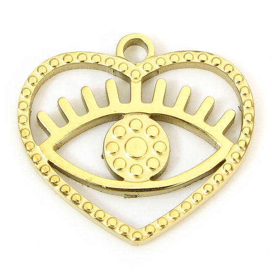 Imagen de 1 Unidad Recubrimiento al Vacío PVD Ecológico 304 Acero Inoxidable Estilo Pastoral Colgantes Corazón 18K Oro Real Chapado Ojo Hueco 15mm x 13.5mm
