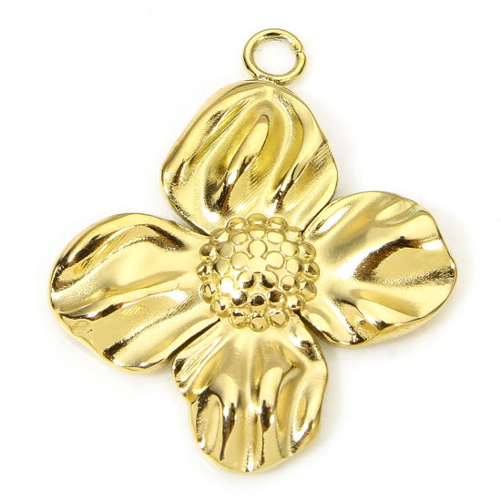 Picture of 1 Piece Eco-friendly Vacuum Plating 304 Stainless Steel Pastoral Style Charms Gold Plated Flower 21.5mm x 18mm