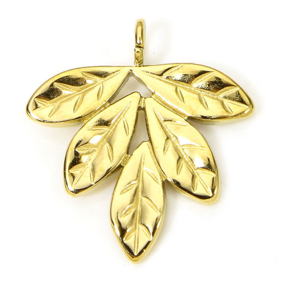 Picture of 1 Piece Eco-friendly Vacuum Plating 304 Stainless Steel Pastoral Style Charms Gold Plated Leaf 17.5mm x 16mm