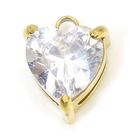 Picture of 1 Piece Eco-friendly PVD Vacuum Plating Waterproof Anti-Tarnish Hypoallergenic 304 Stainless Steel Geometric Charms 18K Real Gold Plated Heart Mini Clear Cubic Zirconia 10.5mm x 8mm