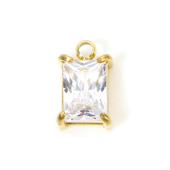 Picture of 1 Piece Vacuum Plating 304 Stainless Steel Geometric Charms Gold Plated Rectangle Clear Rhinestone 10.5mm x 6.5mm