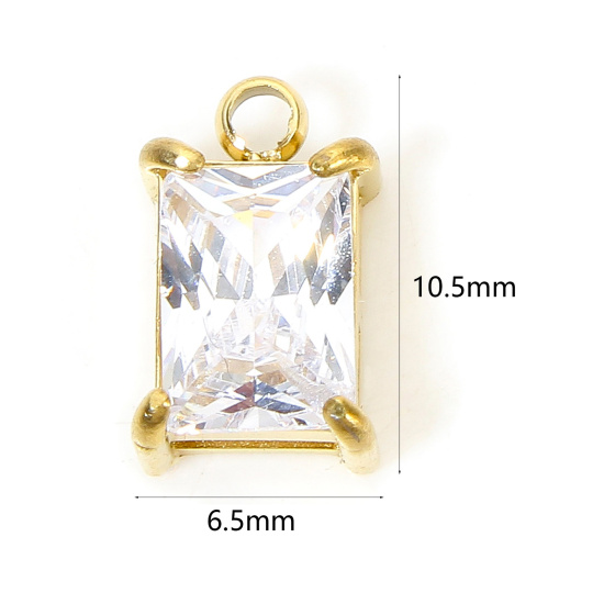 Picture of 1 Piece Vacuum Plating 304 Stainless Steel Geometric Charms Gold Plated Rectangle Clear Rhinestone 10.5mm x 6.5mm