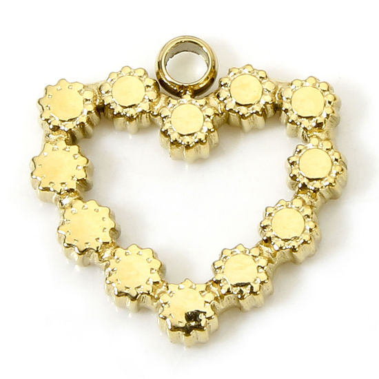 Picture of 1 Piece Vacuum Plating 304 Stainless Steel Valentine's Day Charms Gold Plated Heart Hollow 12.5mm x 12mm