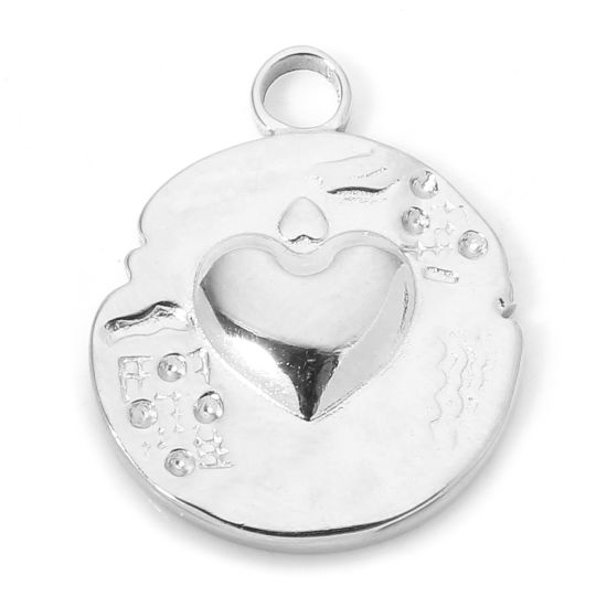 Picture of 1 Piece Eco-friendly 304 Stainless Steel Hammered Charms Silver Tone Round Heart 19.5mm x 16mm